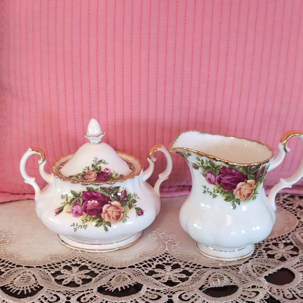 Royal Albert White Porcelain Covered Sugar And Creamer Pink Trim and Rose